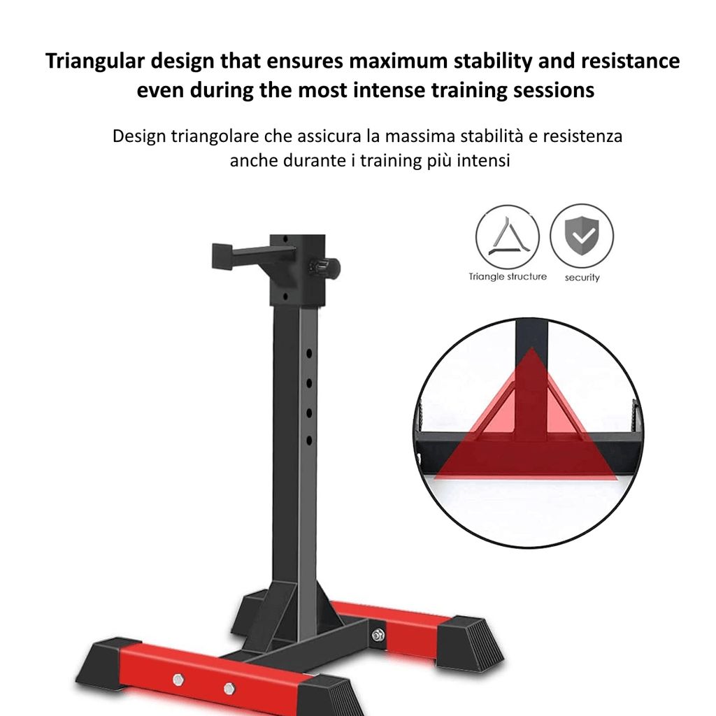 Supporto per squat nero e rosso in acciaio. Design triangolare per la stabilità. Testo: 'Triangular design'.