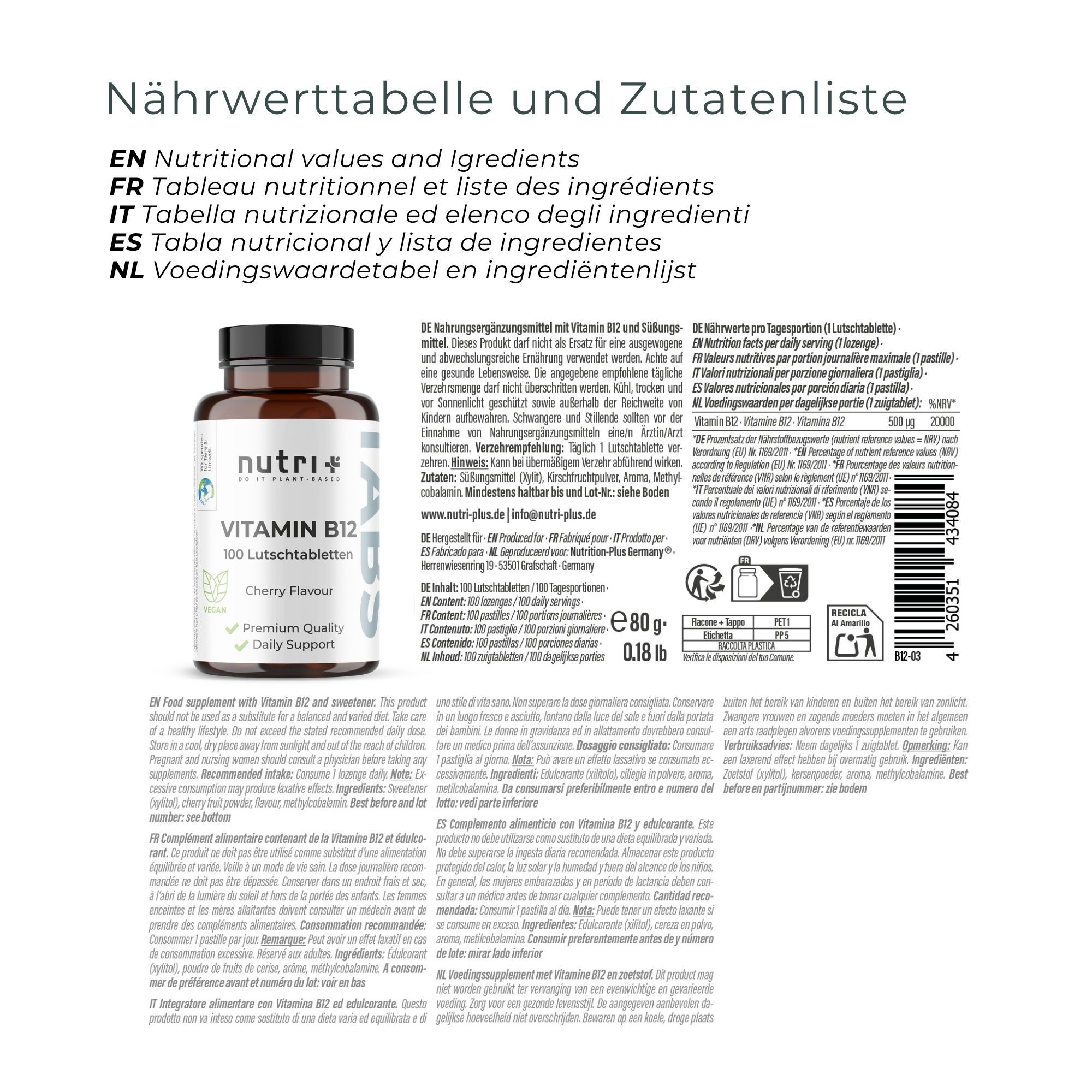 Flacone di pastiglie nutri+ Vitamina B12 accanto alle informazioni nutrizionali e all'elenco degli ingredienti.