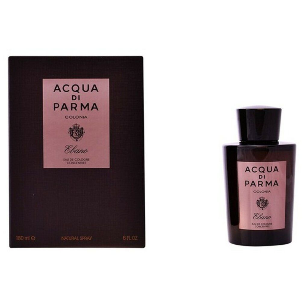 Flacone e confezione Acqua di Parma Colonia Ebano EdC. Bottiglia nera con etichetta. Scatola nera con logo.