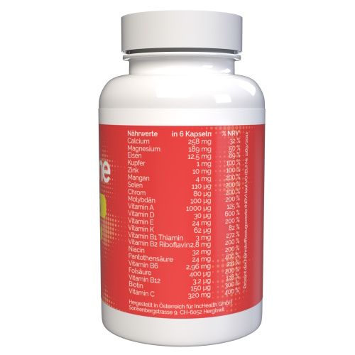 Flacone bianco con etichetta rossa. Tabella nutrizionale con ingredienti come calcio, magnesio, zinco e vitamine.