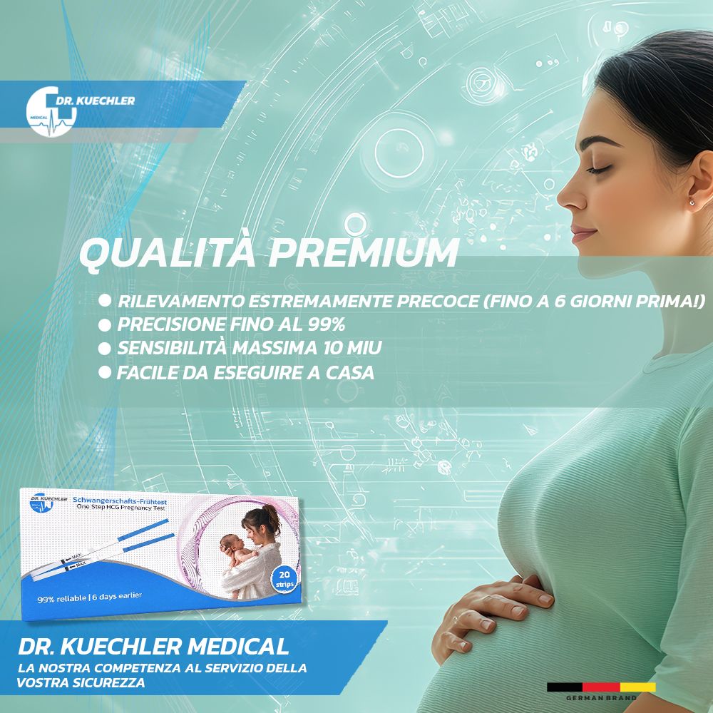 Donna incinta di profilo. Confezione di test di gravidanza. "Qualità premium", "Rilevamento precoce".