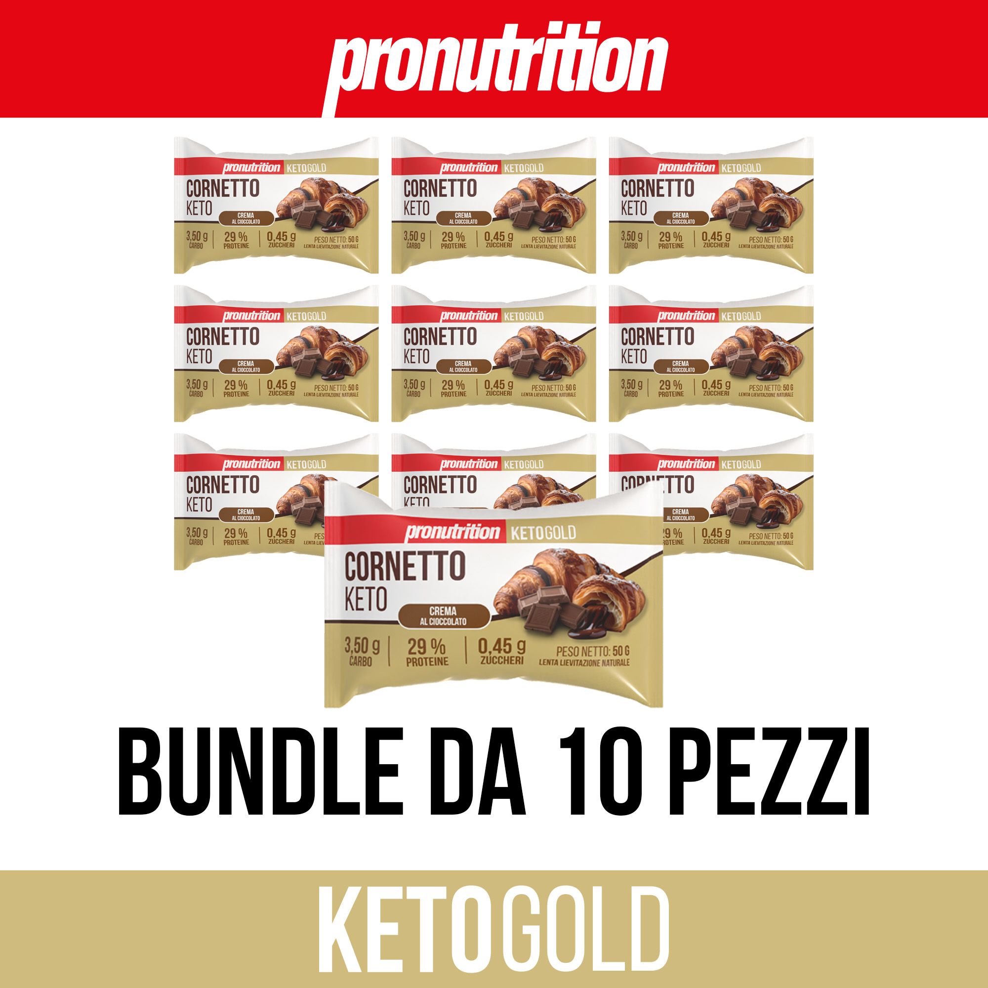 Confezione da 10 Cornetto Keto. Sfondo dorato con nome e logo del prodotto. Testo: Bundle da 10 pezzi.