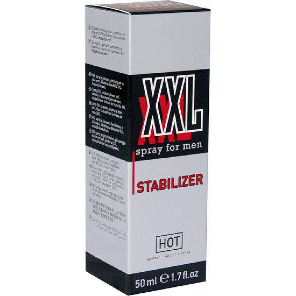 Flacone con confezione. Scritta: XXL spray for men, Stabilizer, HOT, 50ml.