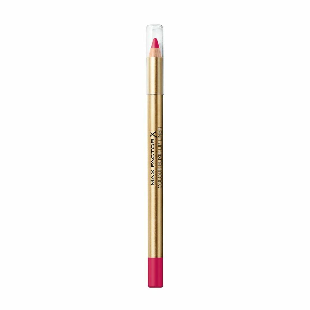 Matita labbra dorata con mina rosa. Cappuccio trasparente. Scritta: Max Factor Colour Elixir Lipliner.