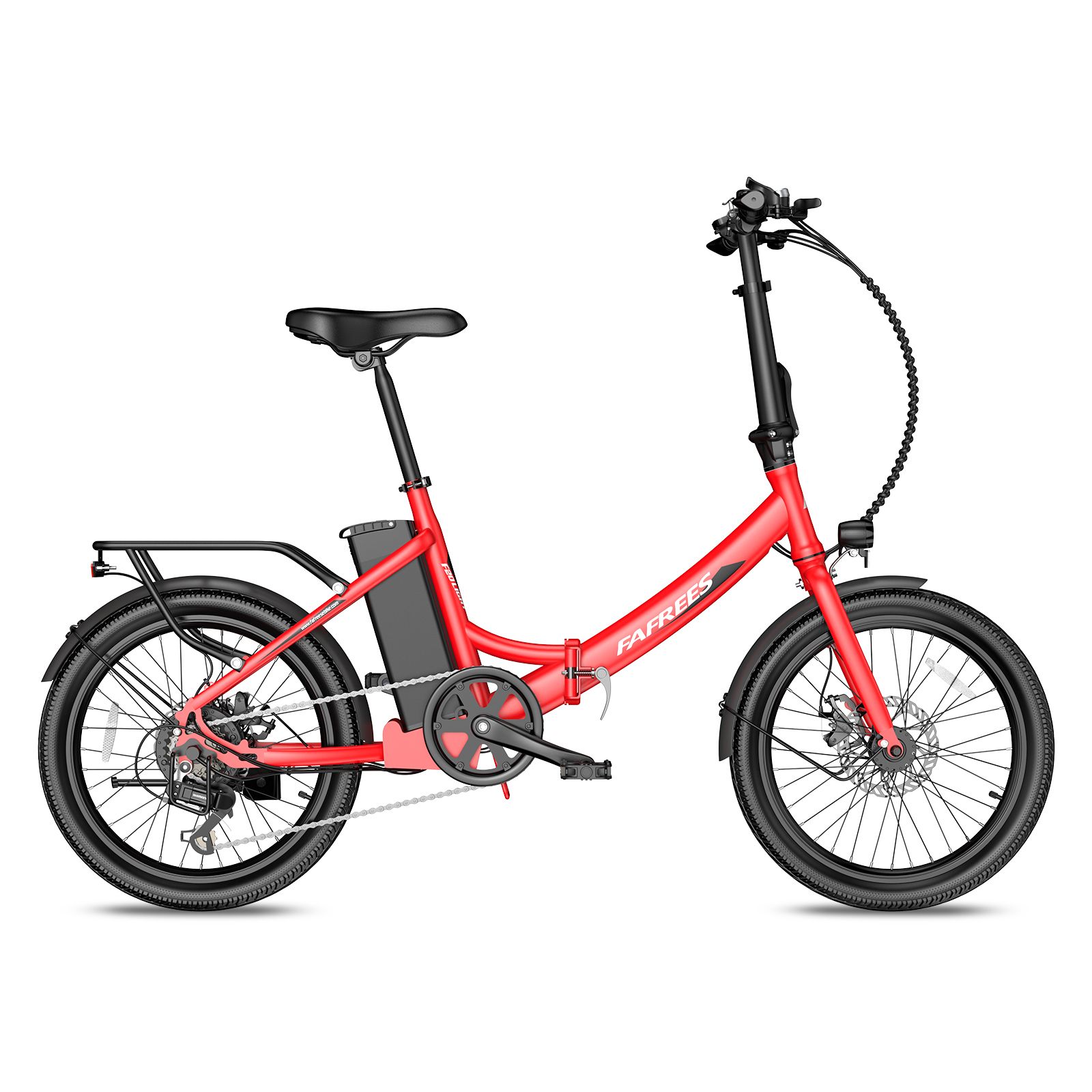 E-bike Fafrees F20Light rossa. Componenti neri, portapacchi, parafanghi. Vista laterale.