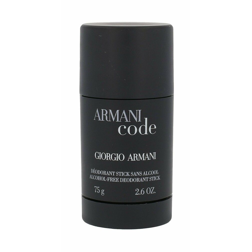 Deodorante stick nero. Scritta: ARMANI code, GIORGIO ARMANI, Deodorant Stick sans alcool, 75 g, 2.6 oz.