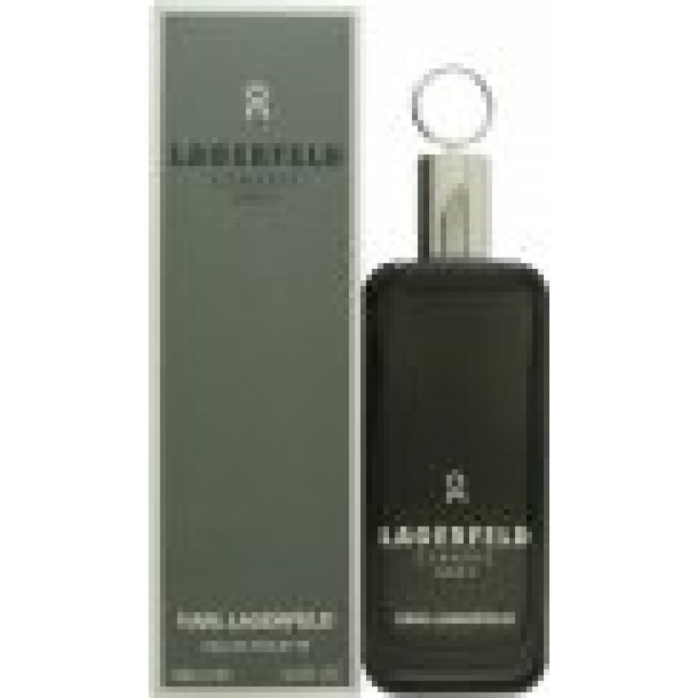 Flacone grigio accanto a confezione grigia. Scritta: LAGERFELD CLASSIC GREY. Marchio: KARL LAGERFELD. Testo: Eau de Toilette.