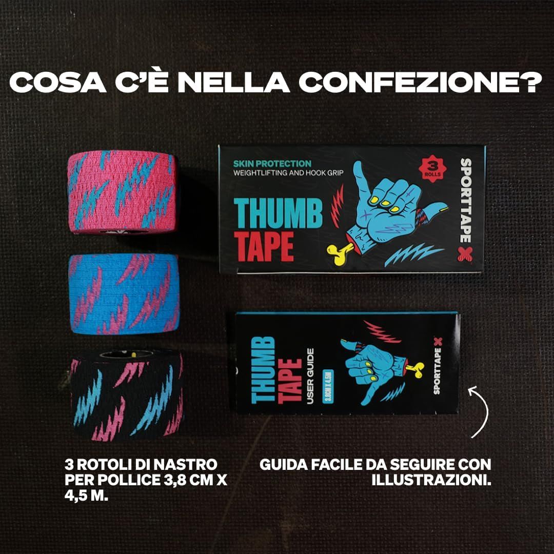 Confezione con tre rotoli di nastro adesivo per pollice, 3,8 cm x 4,5 m, con motivo a fulmini.
