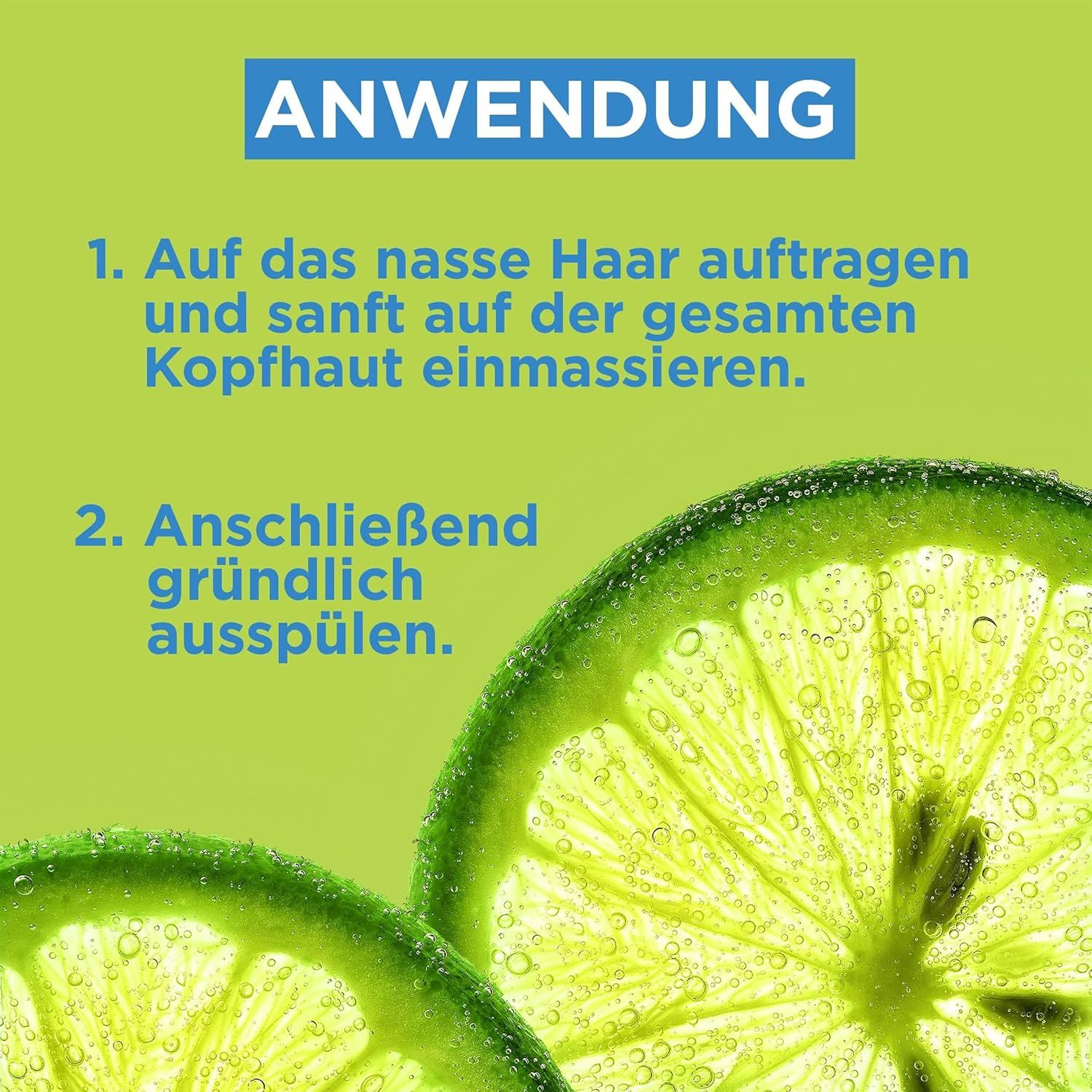 Istruzioni per l'uso su sfondo verde. 1. Applicare sui capelli bagnati e massaggiare. 2. Risciacquare abbondantemente. Illustrazione di fette di lime.