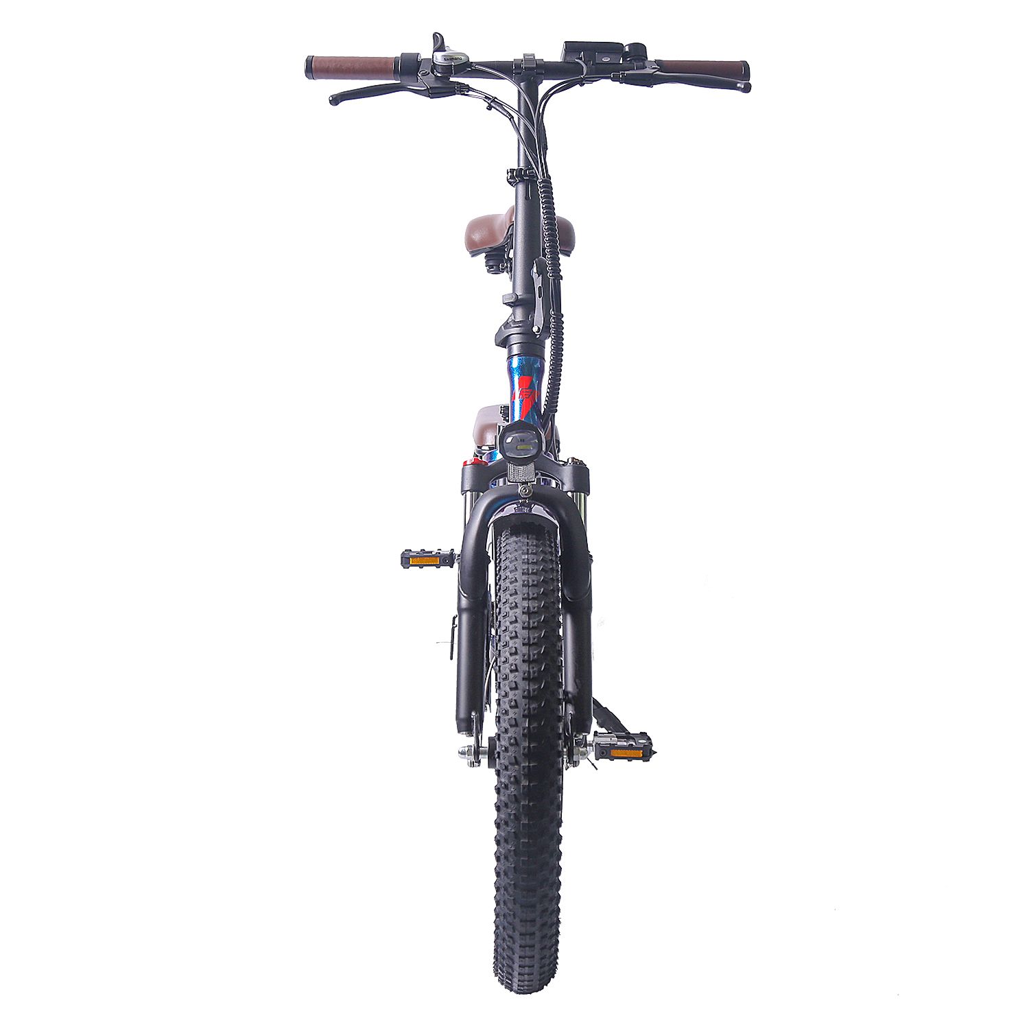 E-bike Fafrees F20 Pro, vista frontale. Pneumatici neri, telaio blu, sella marrone. Manubrio e pedali visibili.