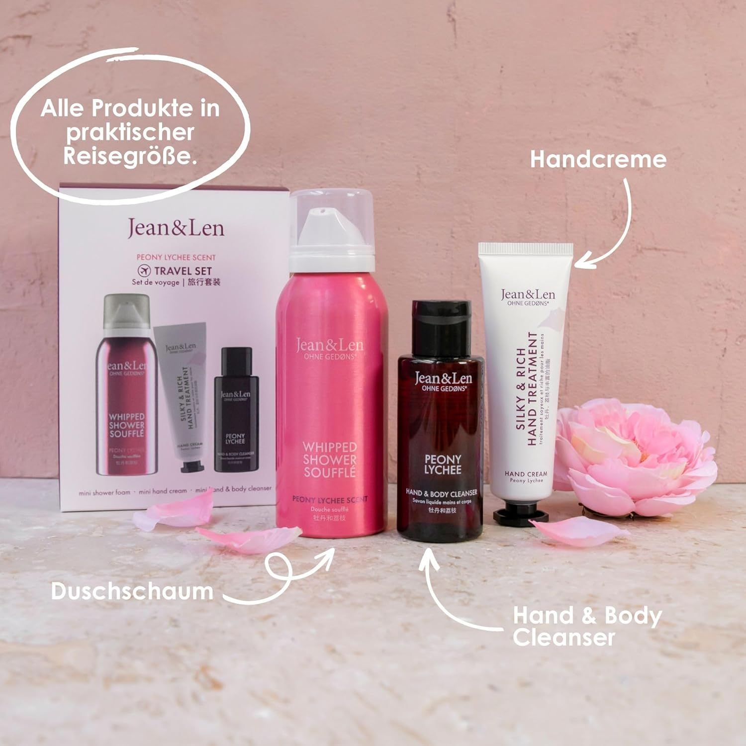 Jean & Len Travel Set con schiuma doccia, crema mani e detergente mani e corpo. Petali rosa.