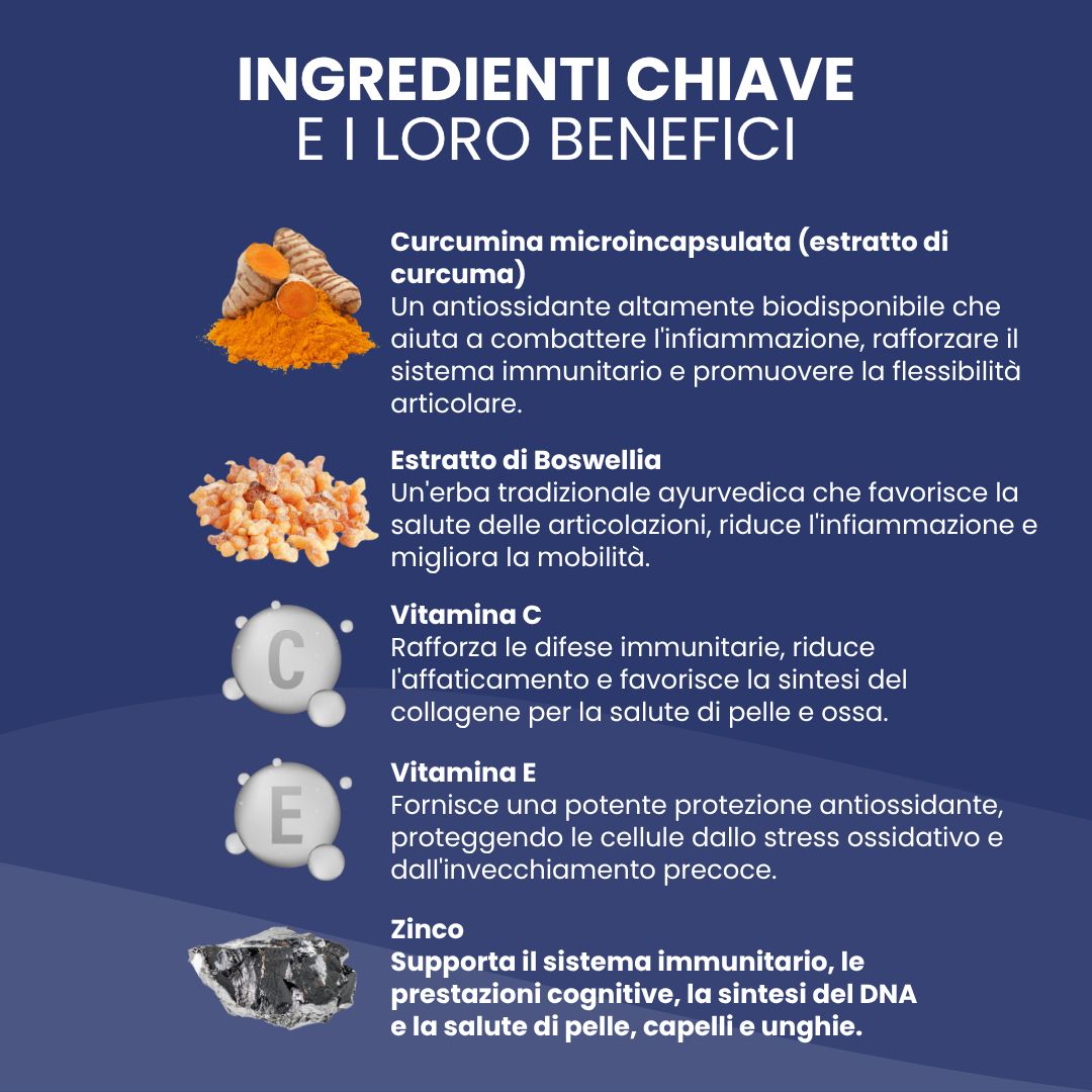 Grafico con ingredienti: curcuma, boswellia, vitamina C, vitamina E, zinco. Testo: Ingredienti chiave e i loro benefici.
