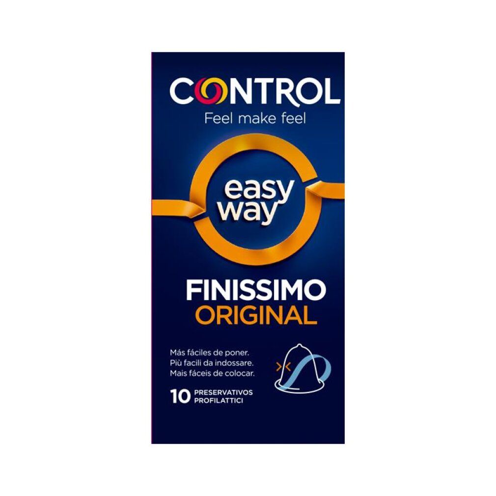 Fronte di una confezione di preservativi Control Finissimo Original, 10 pezzi. Con logo "easy way".
