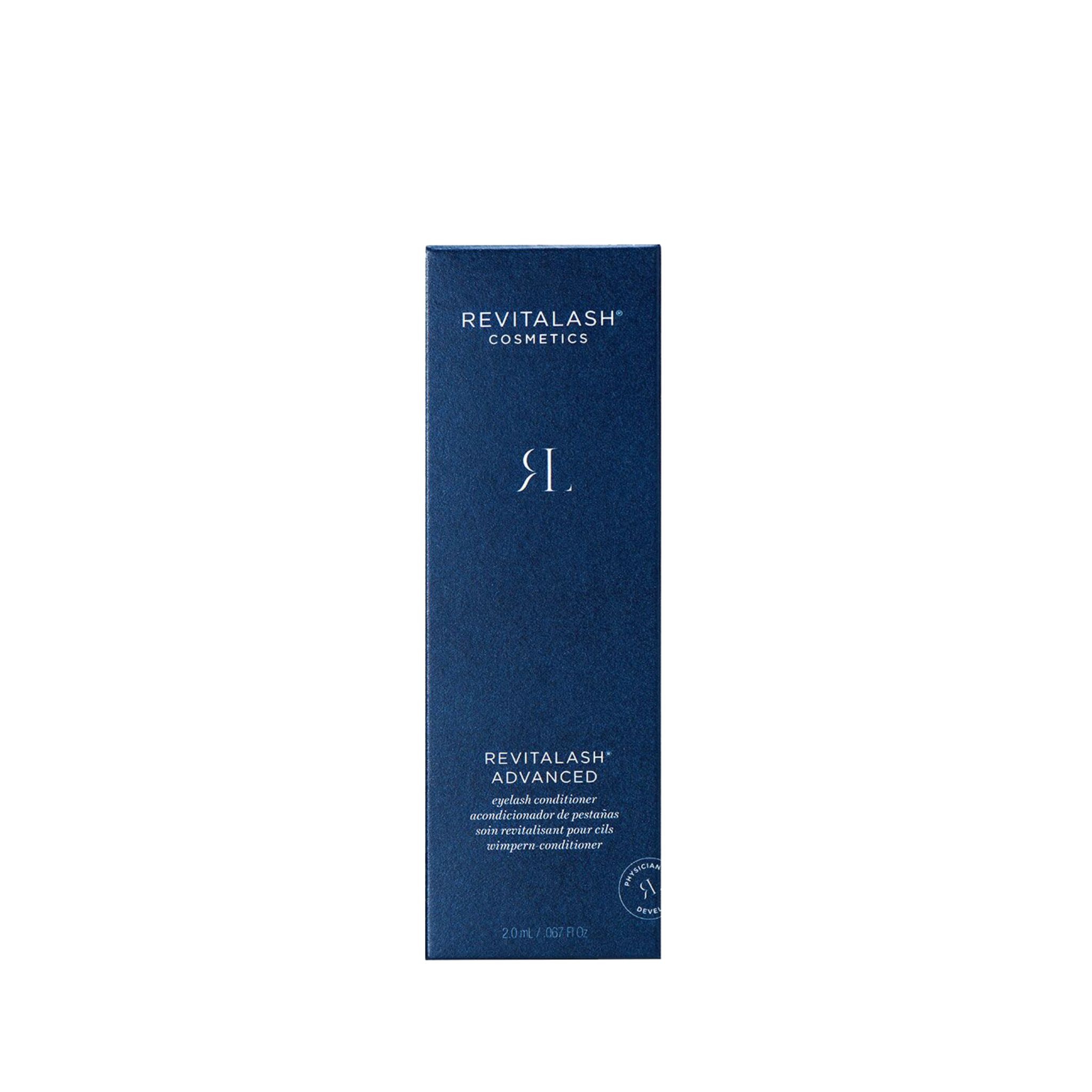 Scatola blu con RevitaLash Advanced. Nome del prodotto e logo. Confezione sottile e alta.
