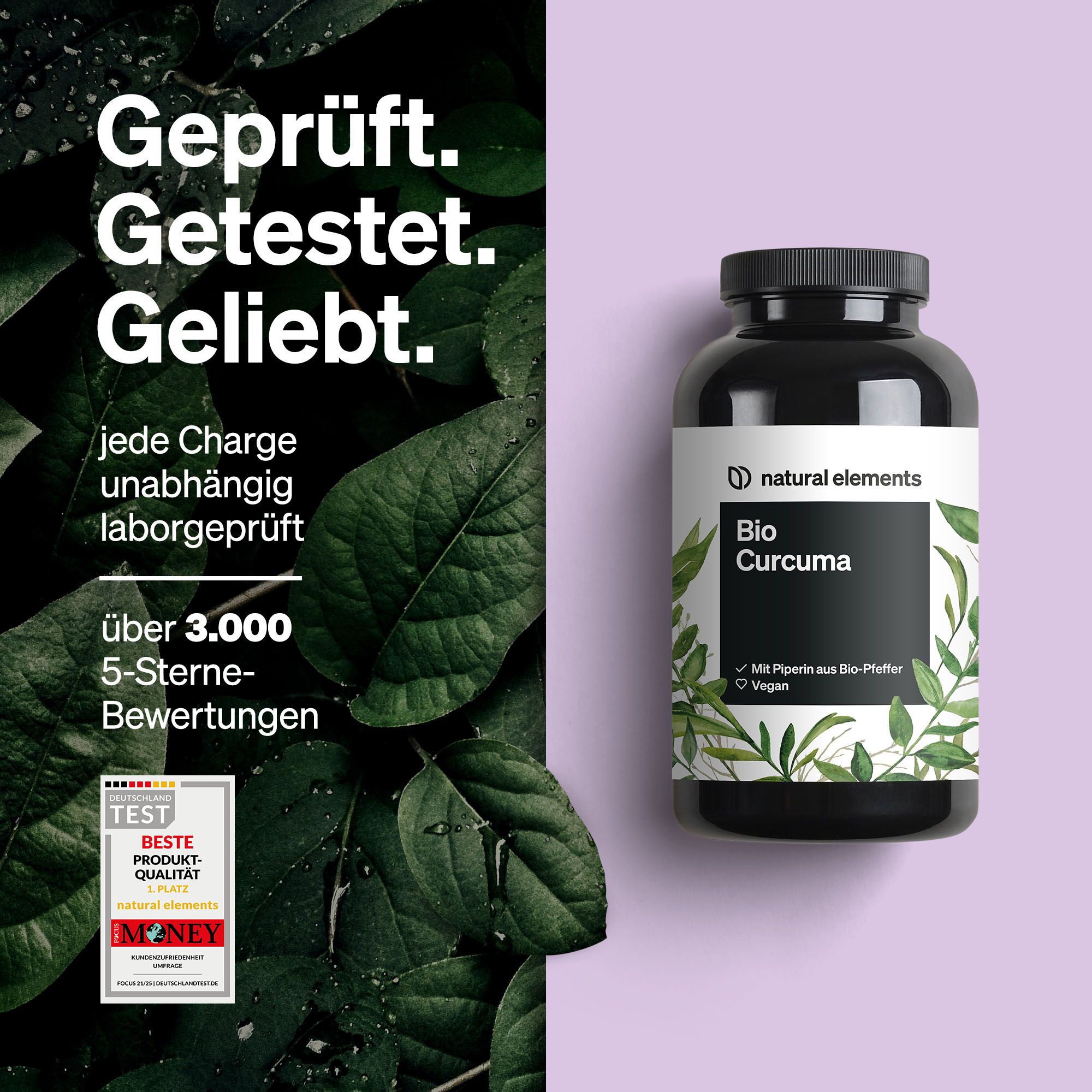 Flacone nero con etichetta bianca. Testo: Bio Curcuma. Con piperina da pepe nero bio. Vegano. Verificato. Testato. Amato.