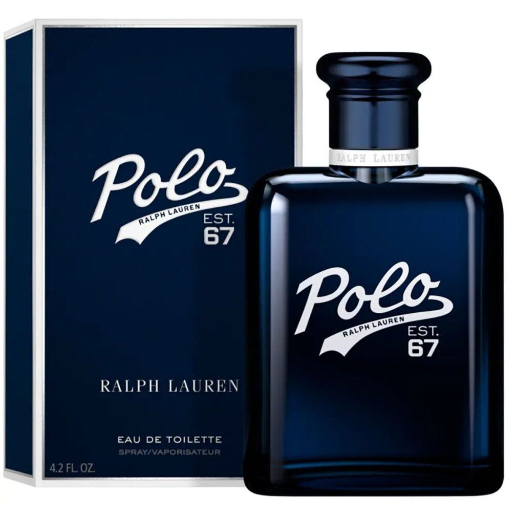 Flacone e scatola blu scuro con logo "Polo" bianco. Visibili anche "RALPH LAUREN" e "EST. 67".