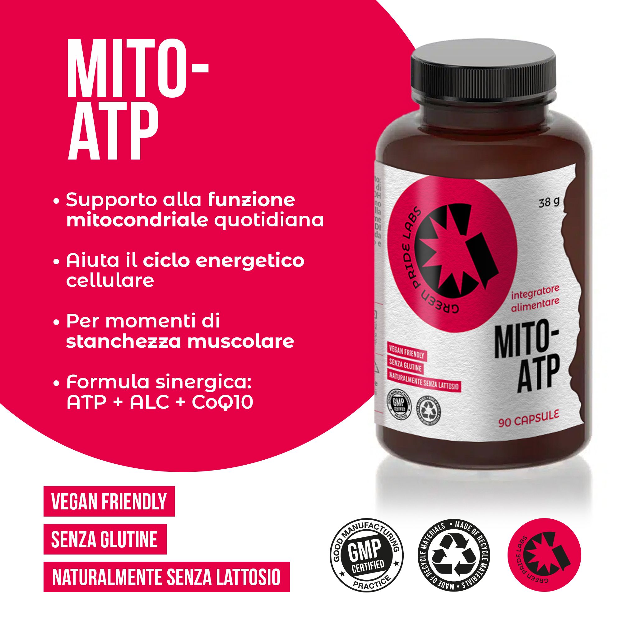 Flacone marrone di capsule Mito-ATP, 90 capsule. Formula vegana, senza glutine e senza lattosio.