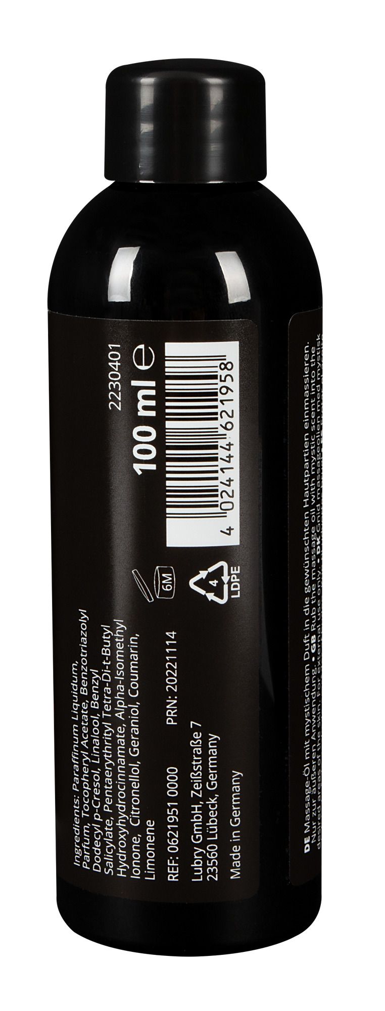 Retro di una bottiglia nera con indicazione 100 ml e ingredienti.