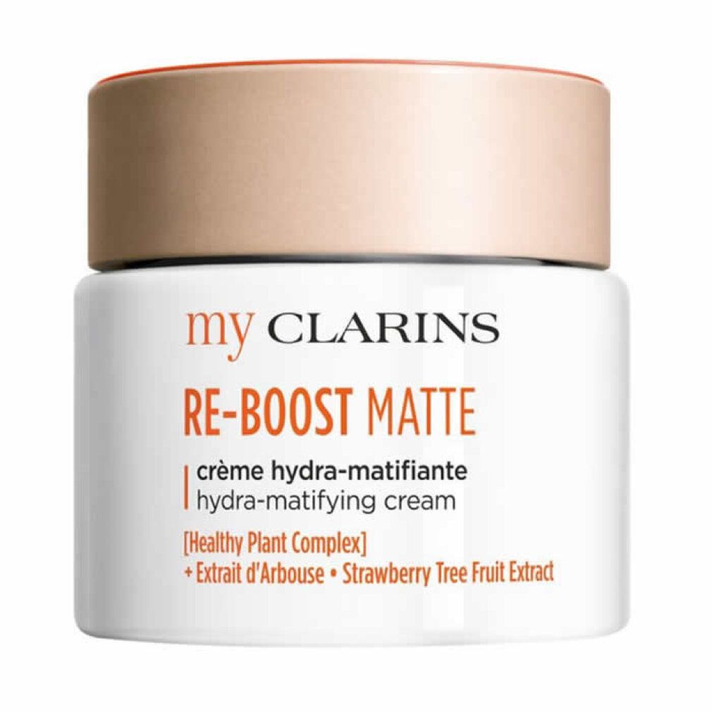Vasetto bianco con coperchio, testo "my CLARINS RE-BOOST MATTE".