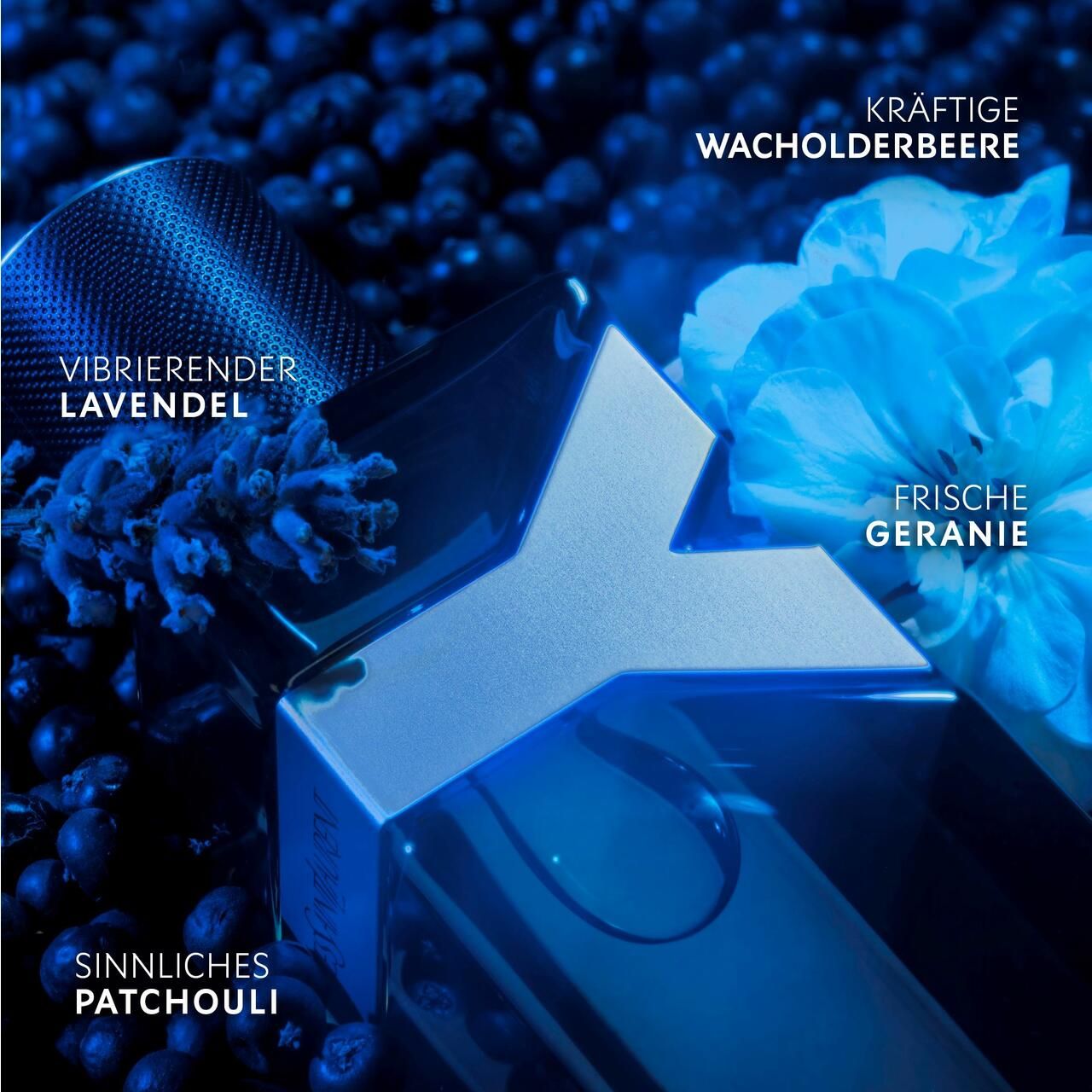 Primo piano del flacone. Ingredienti: lavanda, ginepro, geranio, patchouli. Sfondo blu.