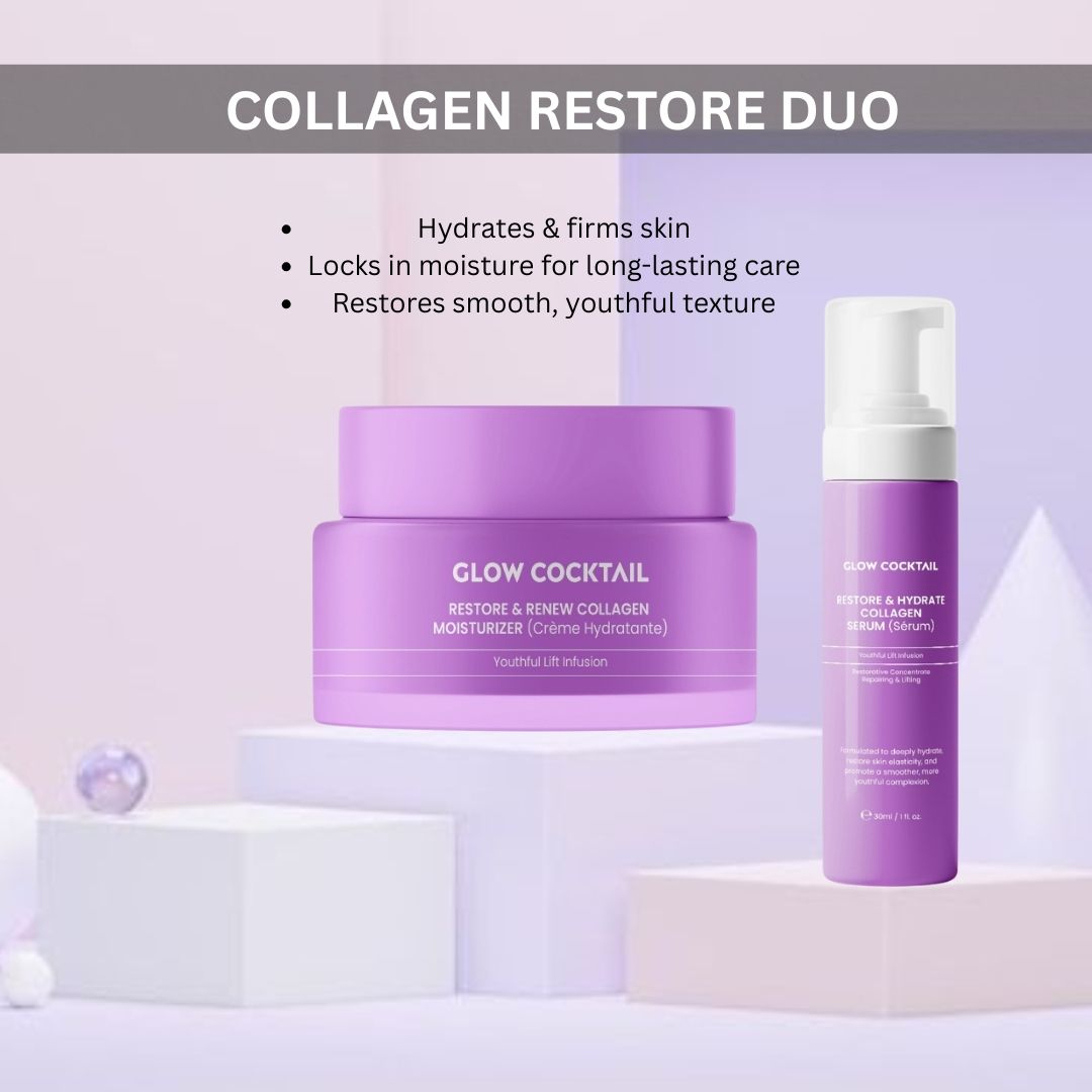 Due prodotti cosmetici viola su piedistallo. Scritta: Glow Cocktail, Restore & Renew Collagen. Testo: Collagen Restore Duo.