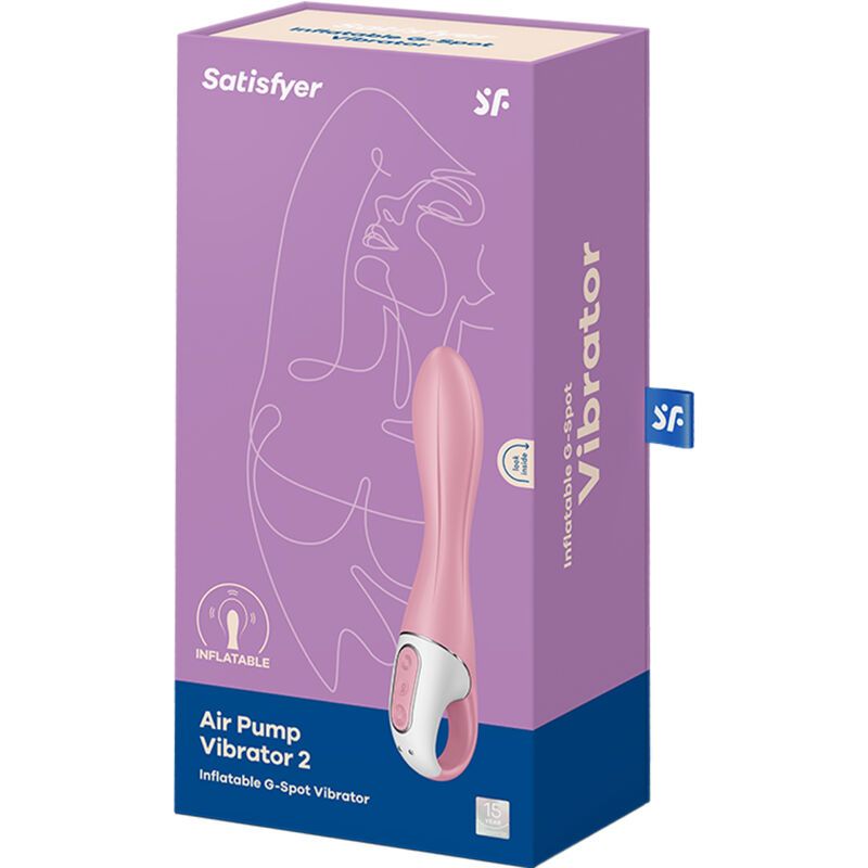 Confezione di Satisfyer Air Pump Vibrator 2. Vibratore rosa illustrato. Testo.