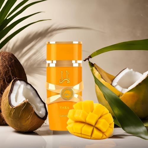 Flacone di profumo Yara Tous con frutta e foglie. Flacone giallo con accenti dorati. Cocco, mango.