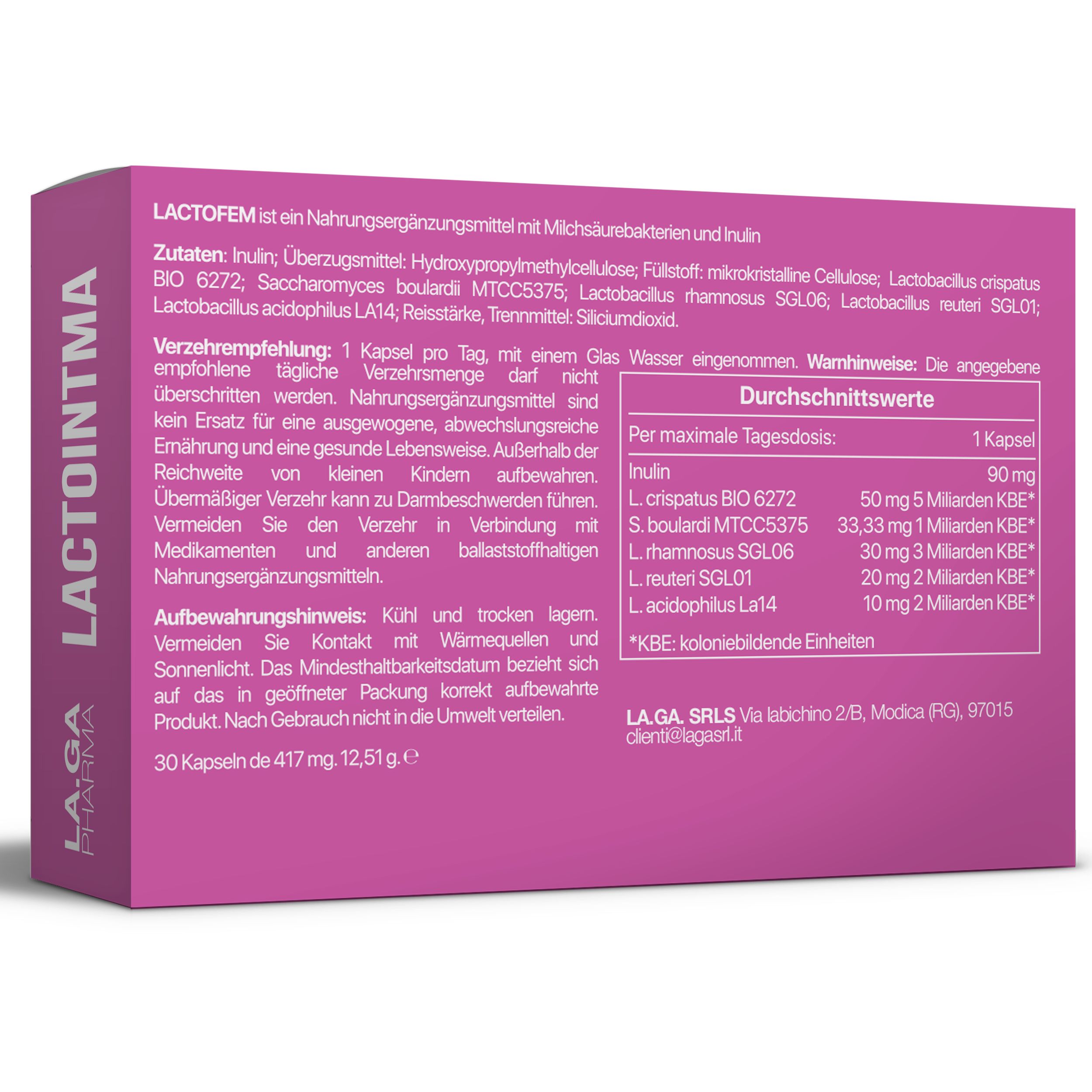 Confezione di LACTOINTMA. Testo: 30 capsule. Ingredienti e informazioni nutrizionali. LA.GA. SRLS.