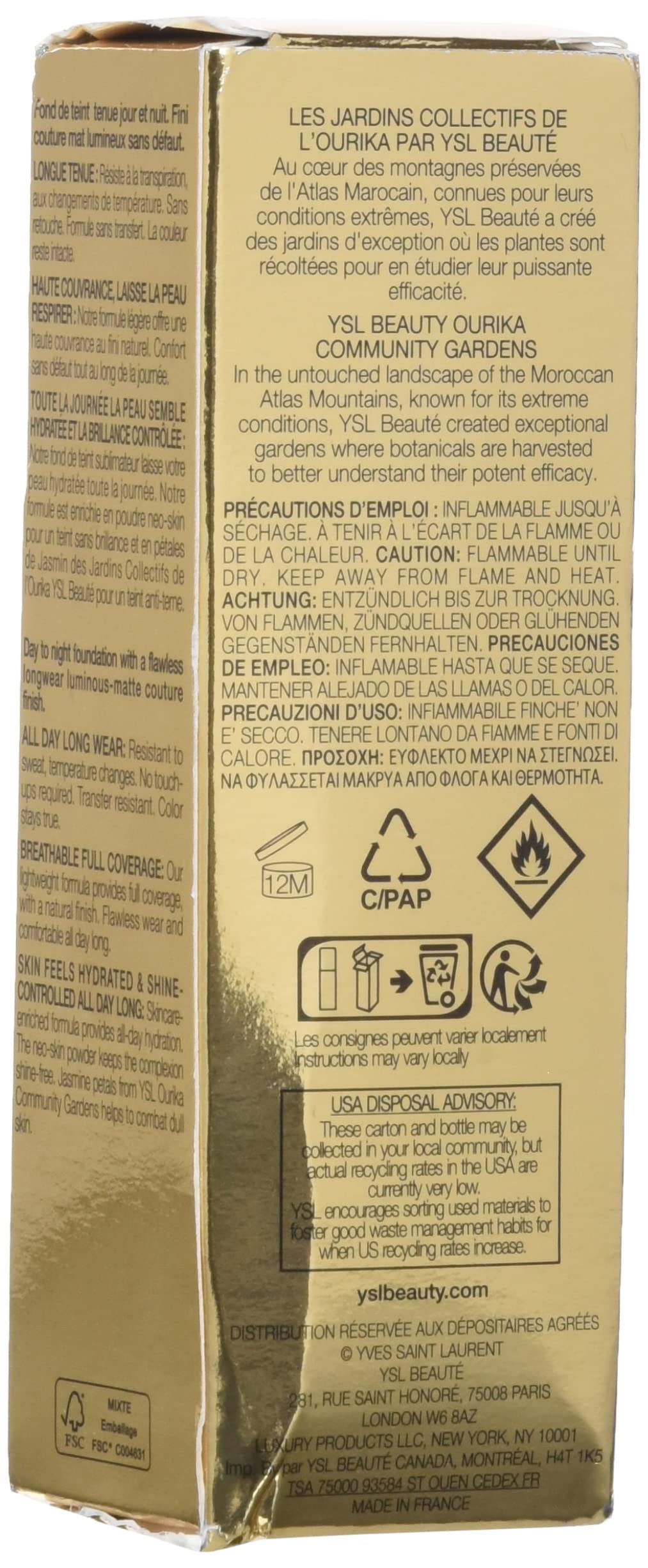 Confezione fondotinta Yves Saint Laurent. Scatola dorata con testo e loghi. Informazioni sugli ingredienti e l'uso.