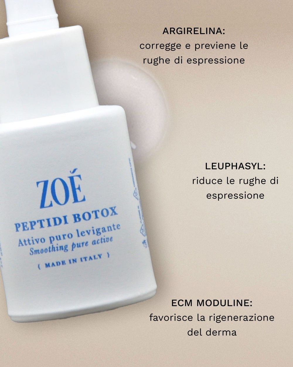 Flacone bianco con testo "ZOÉ PEPTIDI BOTOX". Testo: "ARGIRILINA: correggie e previene le rughe".