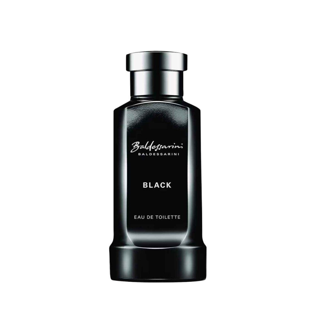 Flacone nero. Scritta: Baldessarini Black Eau de Toilette. Tappo argentato.
