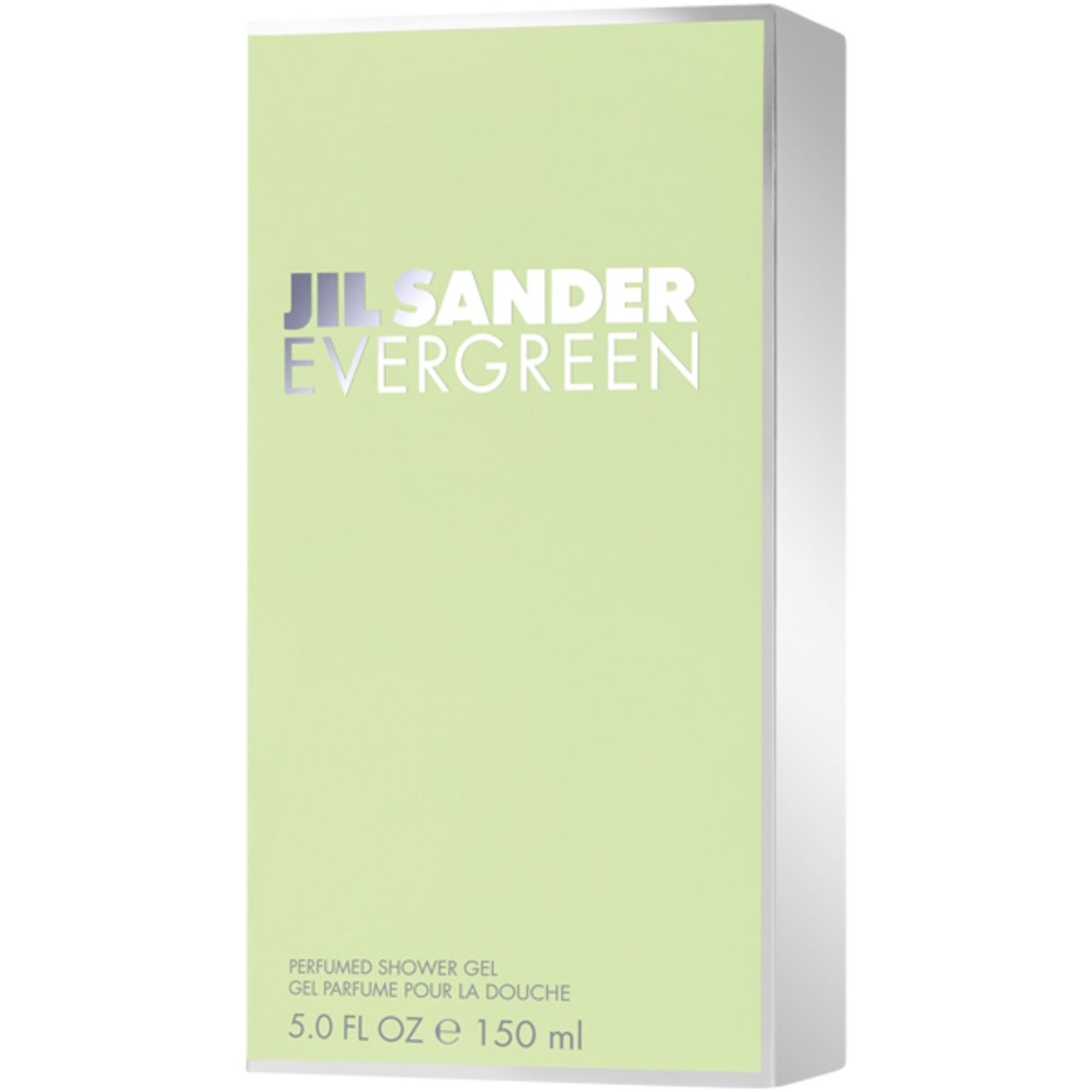 Confezione verde chiaro con testo del prodotto. Scritta: Jil Sander Evergreen, Perfumed Shower Gel. 5.0 FL OZ e 150 ml.