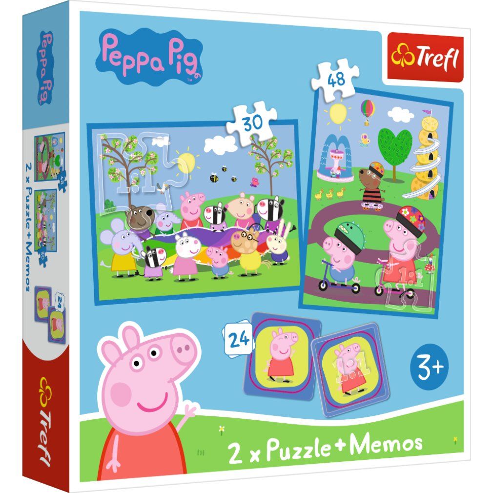 Confezione del set Trefl 3-in-1 Happy Moments con Peppa Pig. Contiene puzzle e memo. Logo e raccomandazione di età visibili.