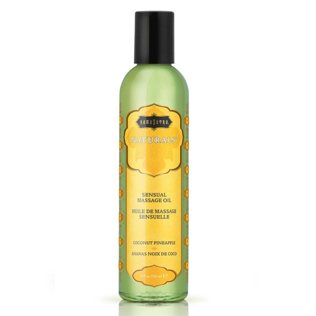 Flacone verde con tappo nero. Etichetta Kamasutra Naturals, Sensual Massage Oil, Cocco Ananas.