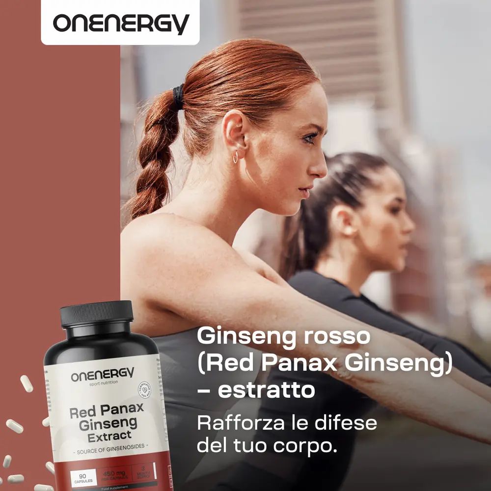 Tre flaconi OnEnergy Red Panax Ginseng Extract su sfondo rosso.