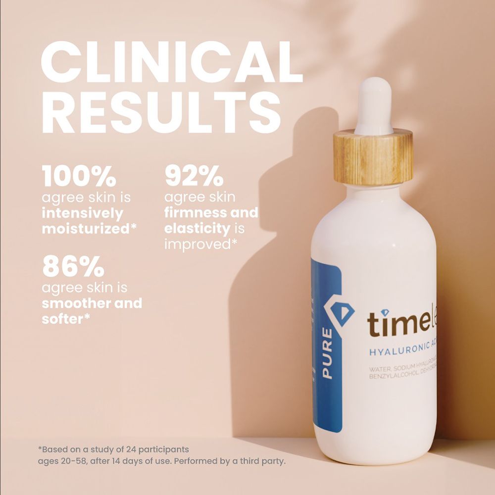 Flacone bianco con tappo in legno e pipetta. Il testo mostra i risultati clinici: idratazione, compattezza, morbidezza.