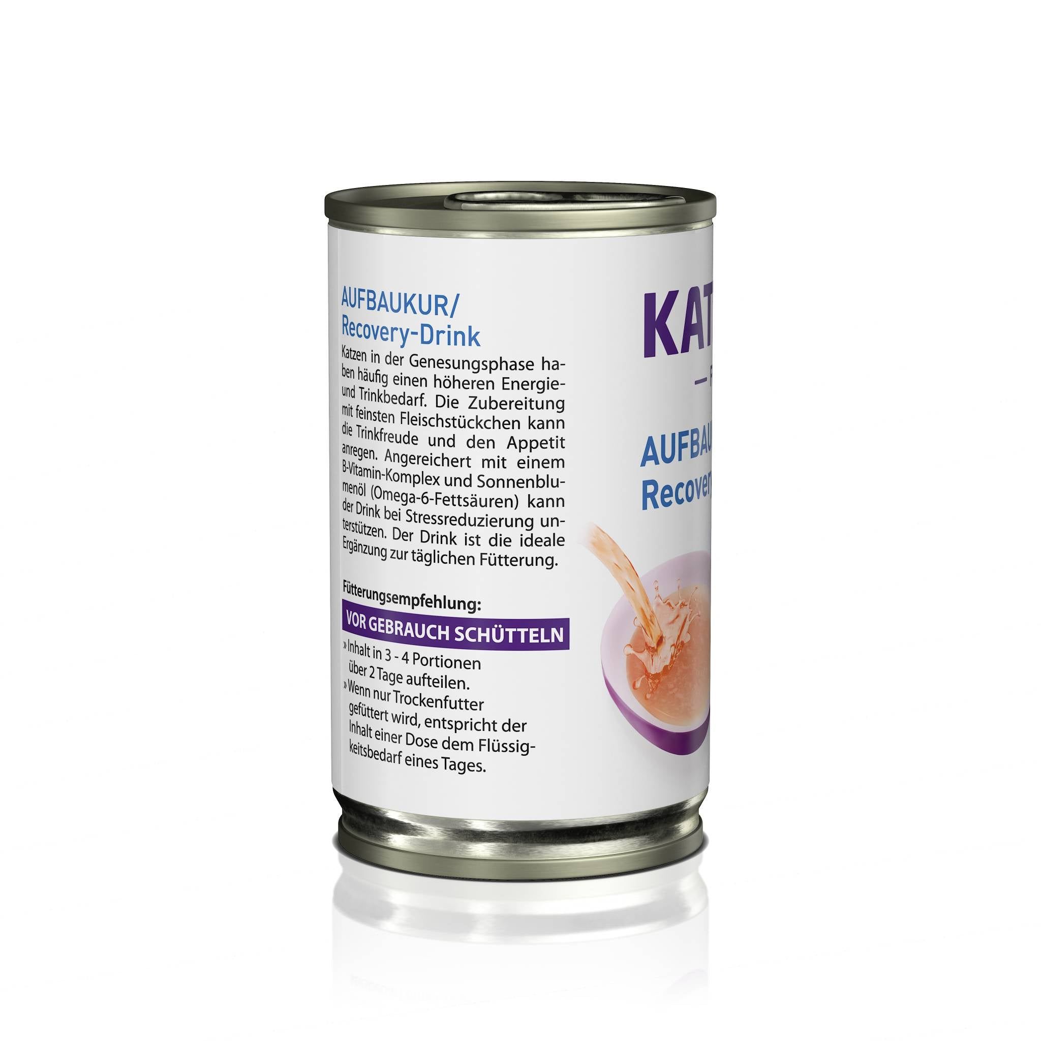 Lattina di Kattovit Aufbaukur Drink. Lattina con scritta KATTOVIT, Aufbaukur/Recovery-Drink. Sezione di testo con istruzioni per l'uso.