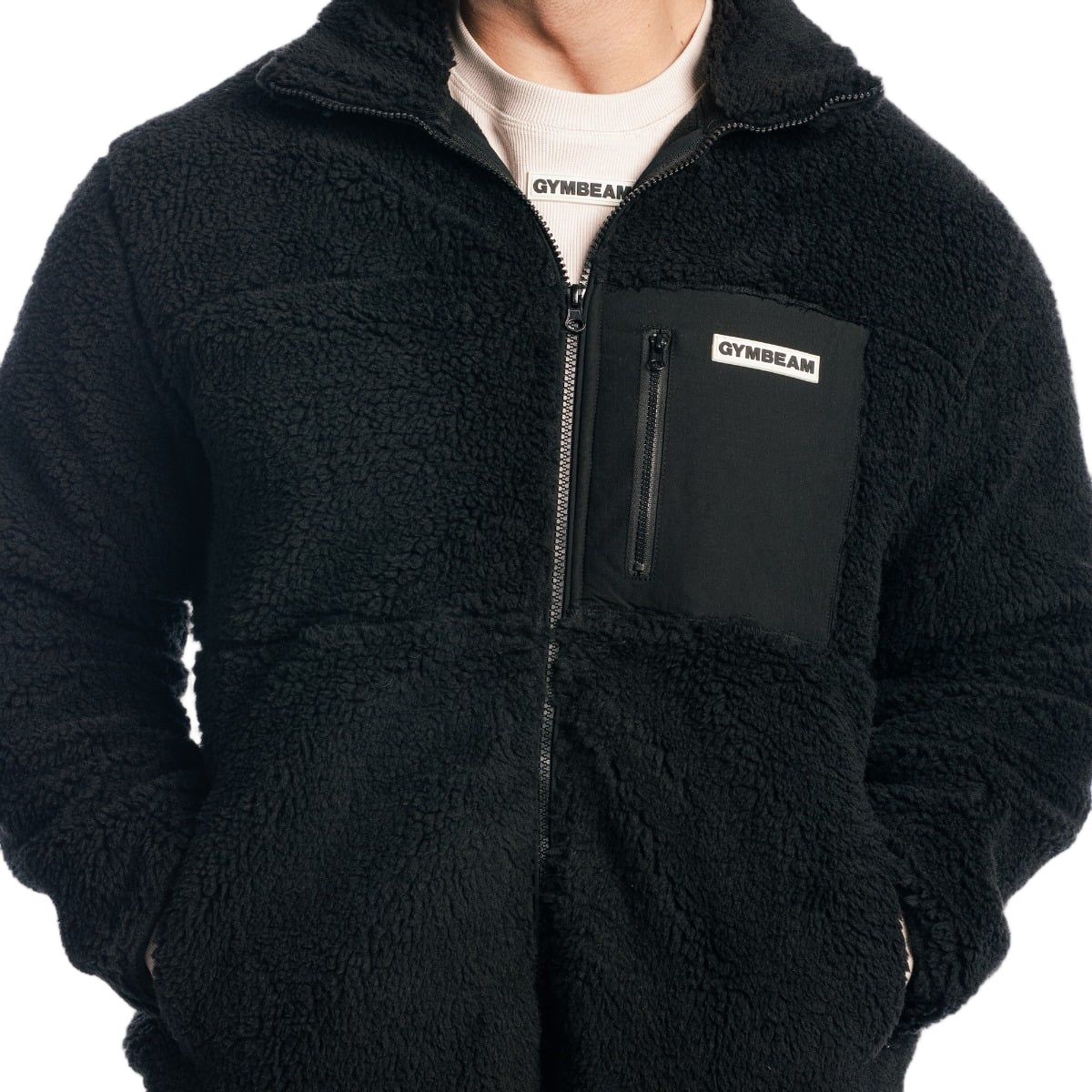 GymBeam Giacca Sherpa uomo oversize con zip Black