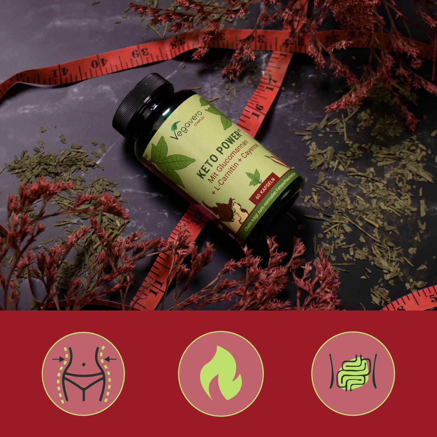 Flacone Keto Power su sfondo rosso con elementi decorativi. Simboli per figura, brucia grassi e intestino.