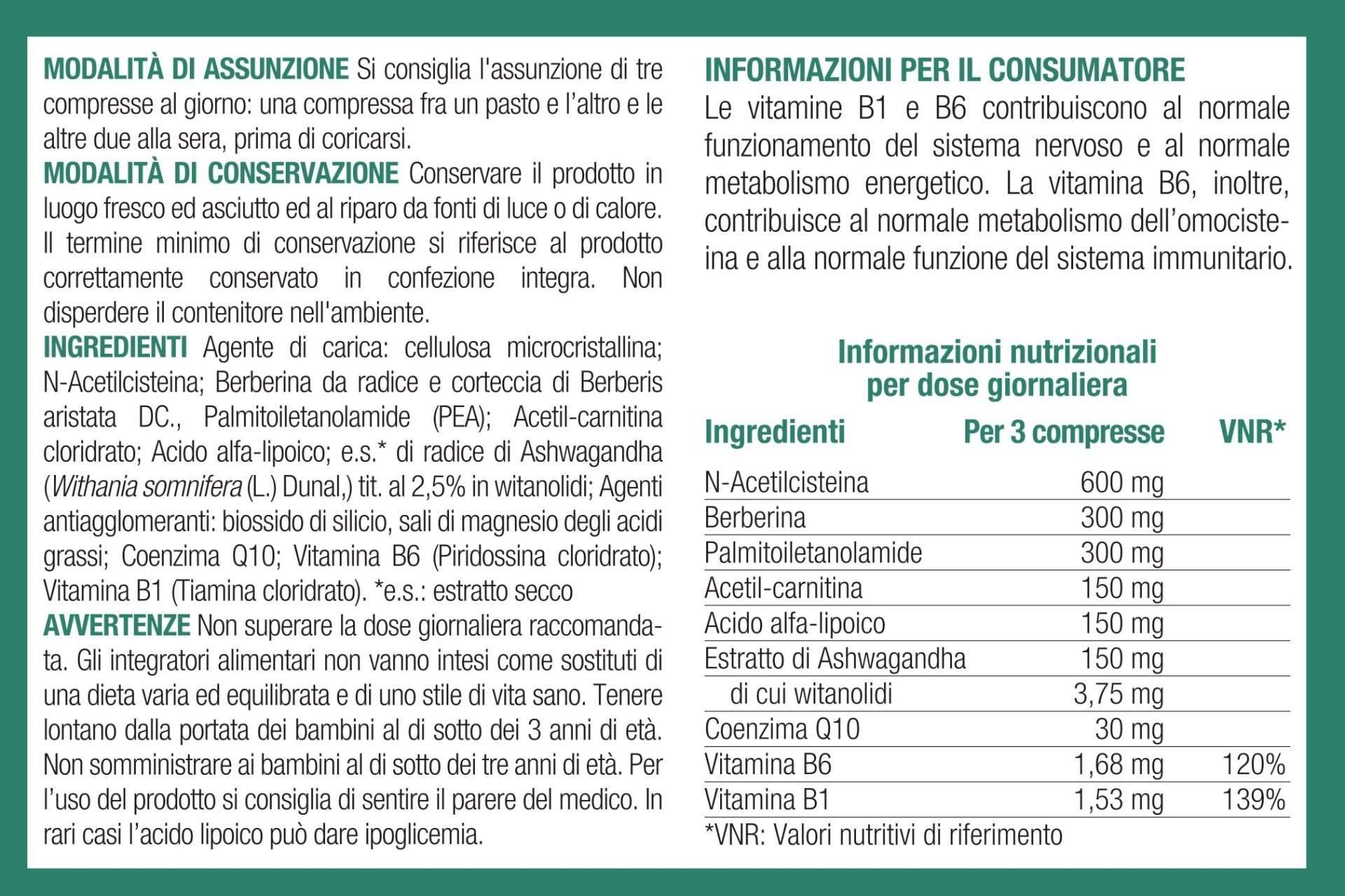 Testo con ingredienti e informazioni nutrizionali. Contiene N-acetilcisteina, berberina, palmitoiletanolamide, acetil-carnitina, coenzima Q10, vitamine.