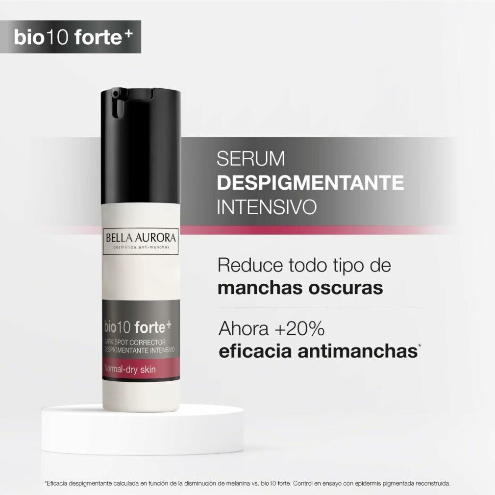Flacone Bella Aurora Bio Forte 10+ su piedistallo. Nome e testo del prodotto visibili. Testo: Siero Depigmentante Intensivo.