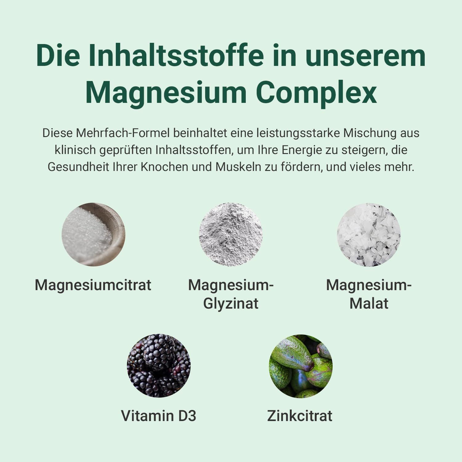 Grafico con ingredienti: Citrato di magnesio, Glicinato di magnesio, Malato di magnesio, Vitamina D3, Citrato di zinco. Testo: "Magnesium Complex".