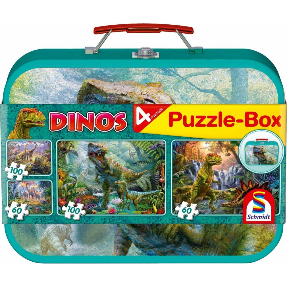 Puzzle parzialmente assemblato con motivo di dinosauri. Singoli pezzi del puzzle accanto. Su un tavolo con caramelle e bevande.