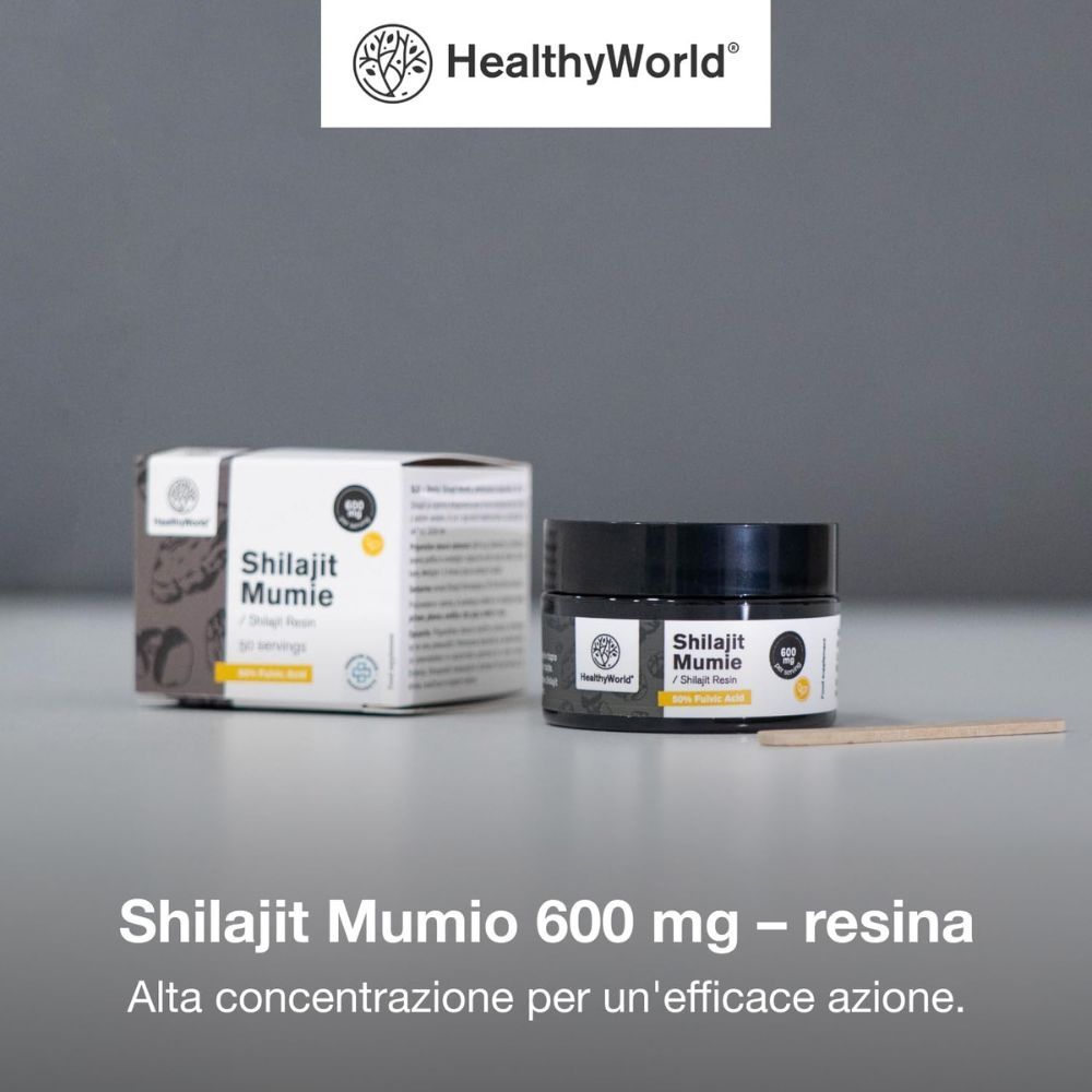 Confezione e barattolo del prodotto. Testo: Shilajit Mumio 600 mg - resina. Marchio: HealthyWorld. Testo: Alta concentrazione.