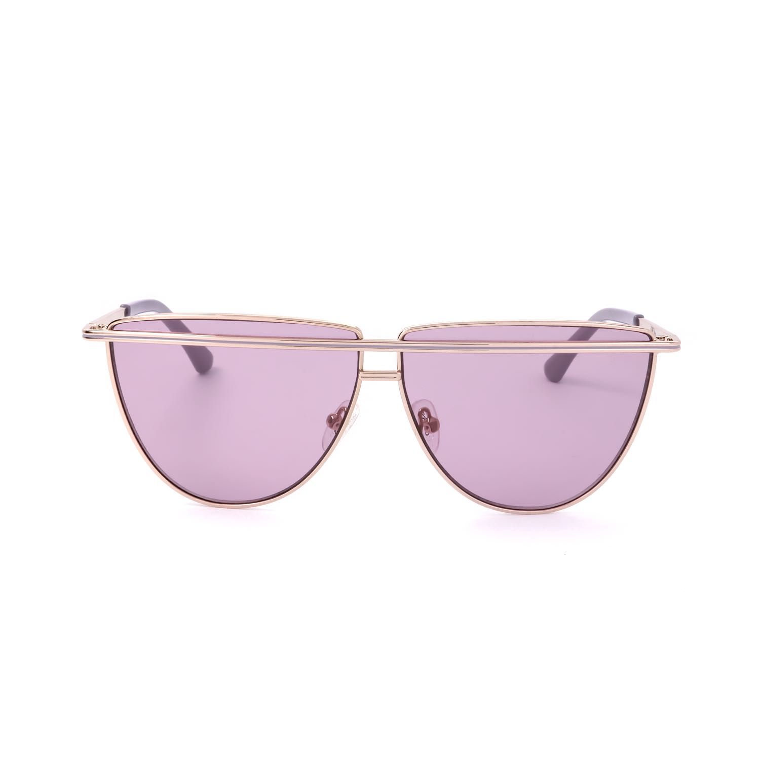 Occhiali da sole con lenti rosa e montatura color oro.