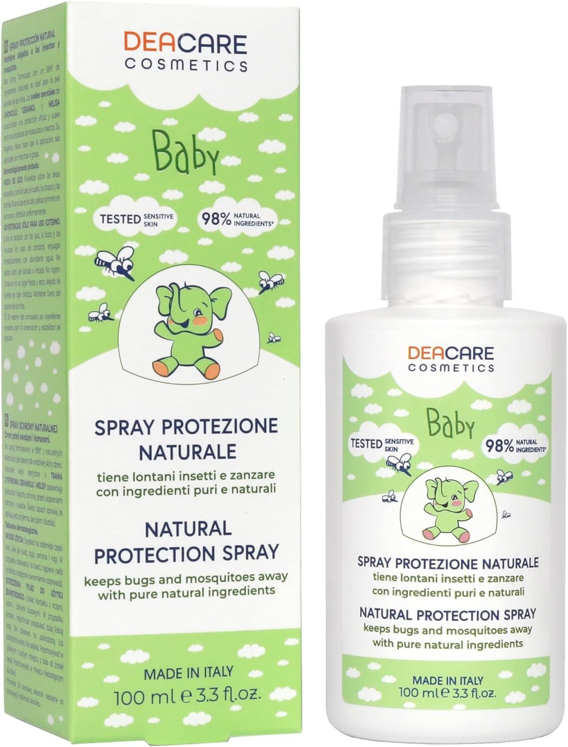 Flacone spray e confezione. Testo: Spray Protezione Naturale, Baby, 98% ingredienti naturali. Testato per pelli sensibili. Made in Italy.