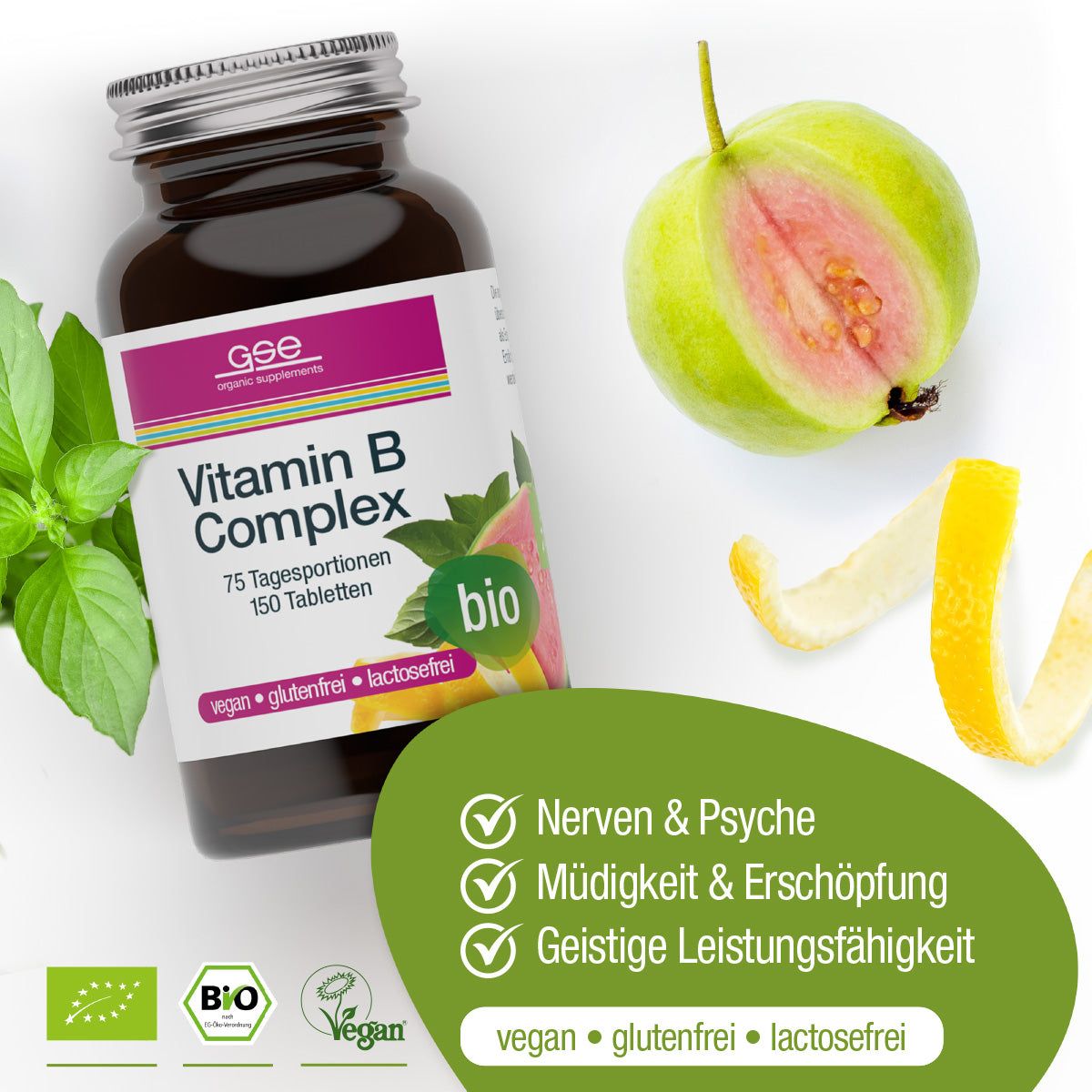 Flacone marrone GSE Vitamin B Complex, guava, limone, foglie. 150 compresse, bio, vegano, senza glutine, senza lattosio.