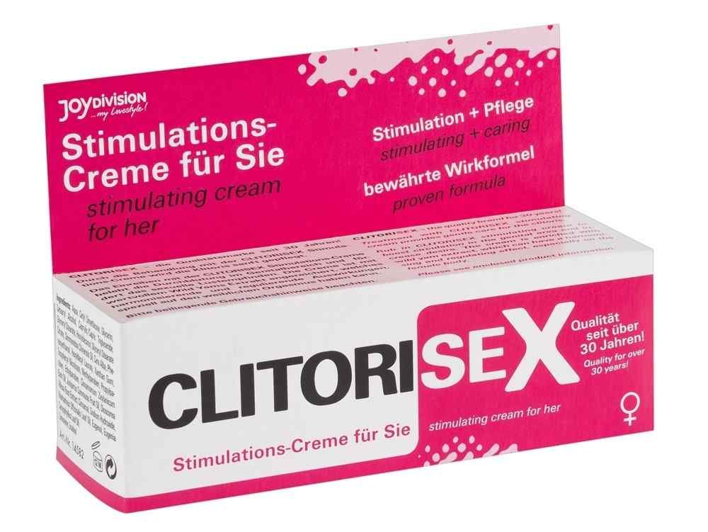 Scatola pieghevole bianca e rosa con nome e testo del prodotto. Scritta: CLITORISEX. Supplemento: Crema stimolante per lei.
