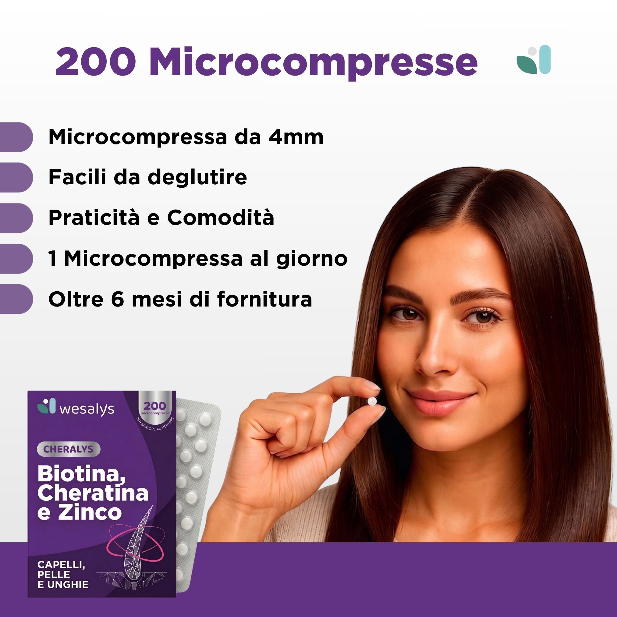 Donna che tiene una microcompressa contenente Cheralys Biotina, Cheratina e Zinco.
