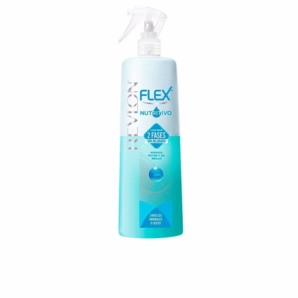 Flacone spray bianco-azzurro con logo "Revlon Flex" e scritta "2 Fases". Per capelli normali e secchi.